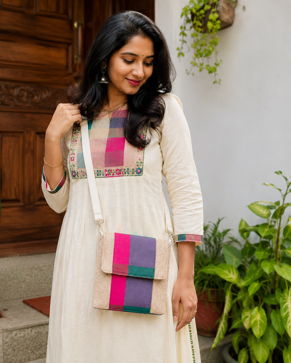 Handmade Madras Check Jute Sling Bag