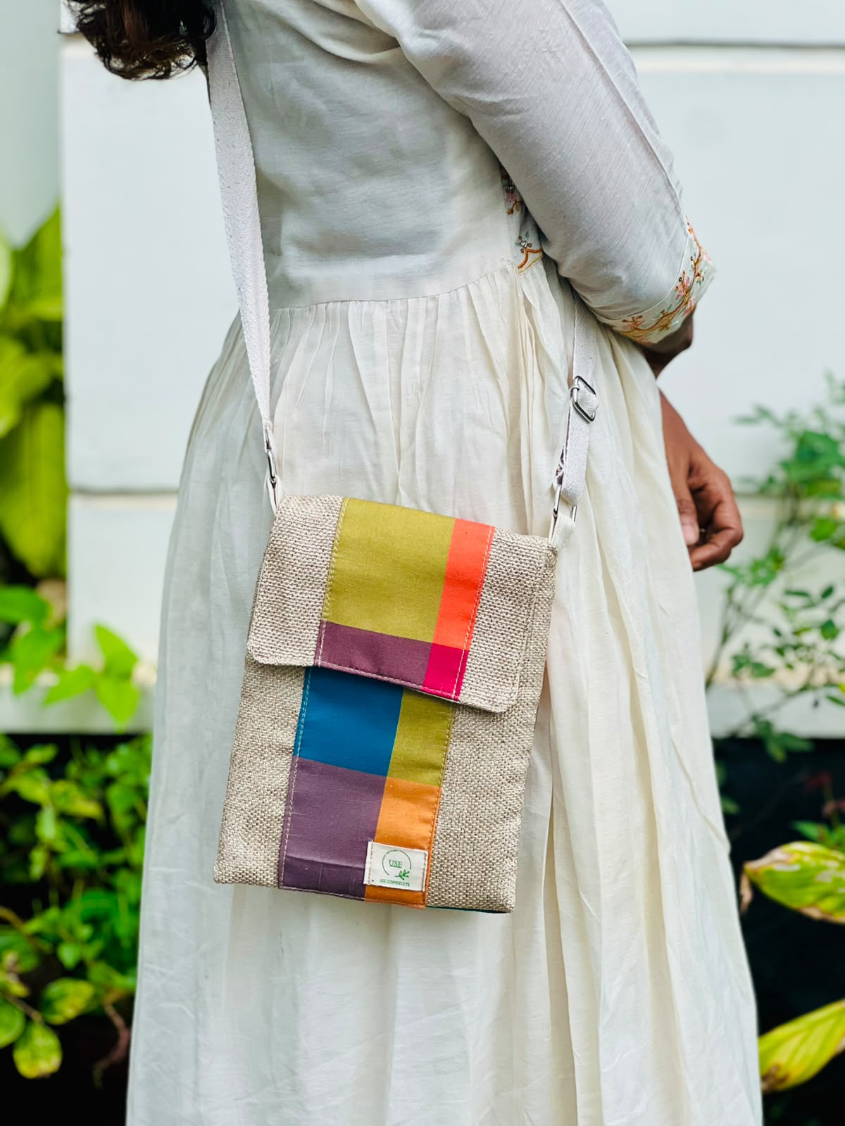 Handcrafted Jute Sling Bag with Madras Check Flap