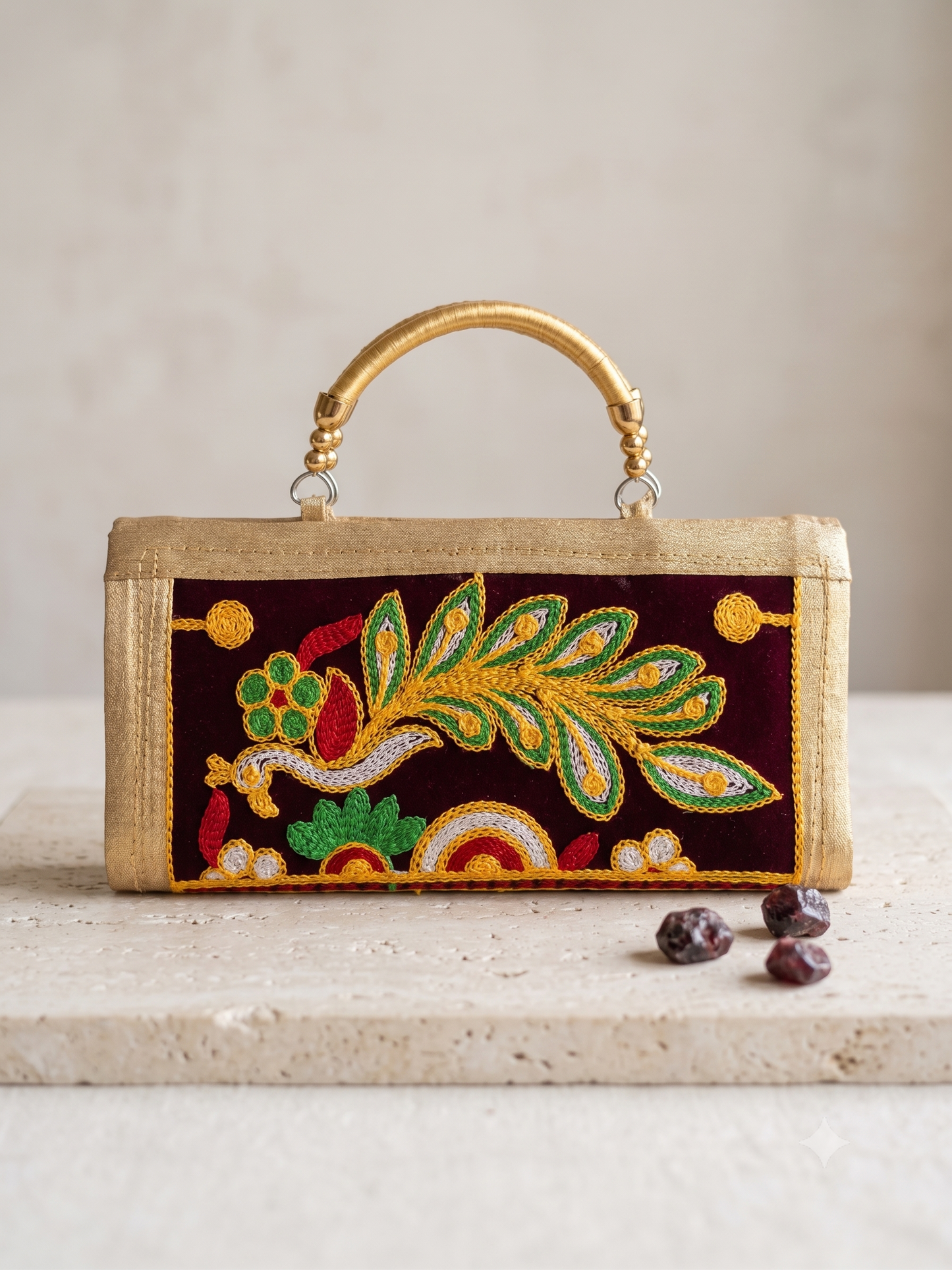 Brown Royal Peacock Embroidered Festive Handheld Purse