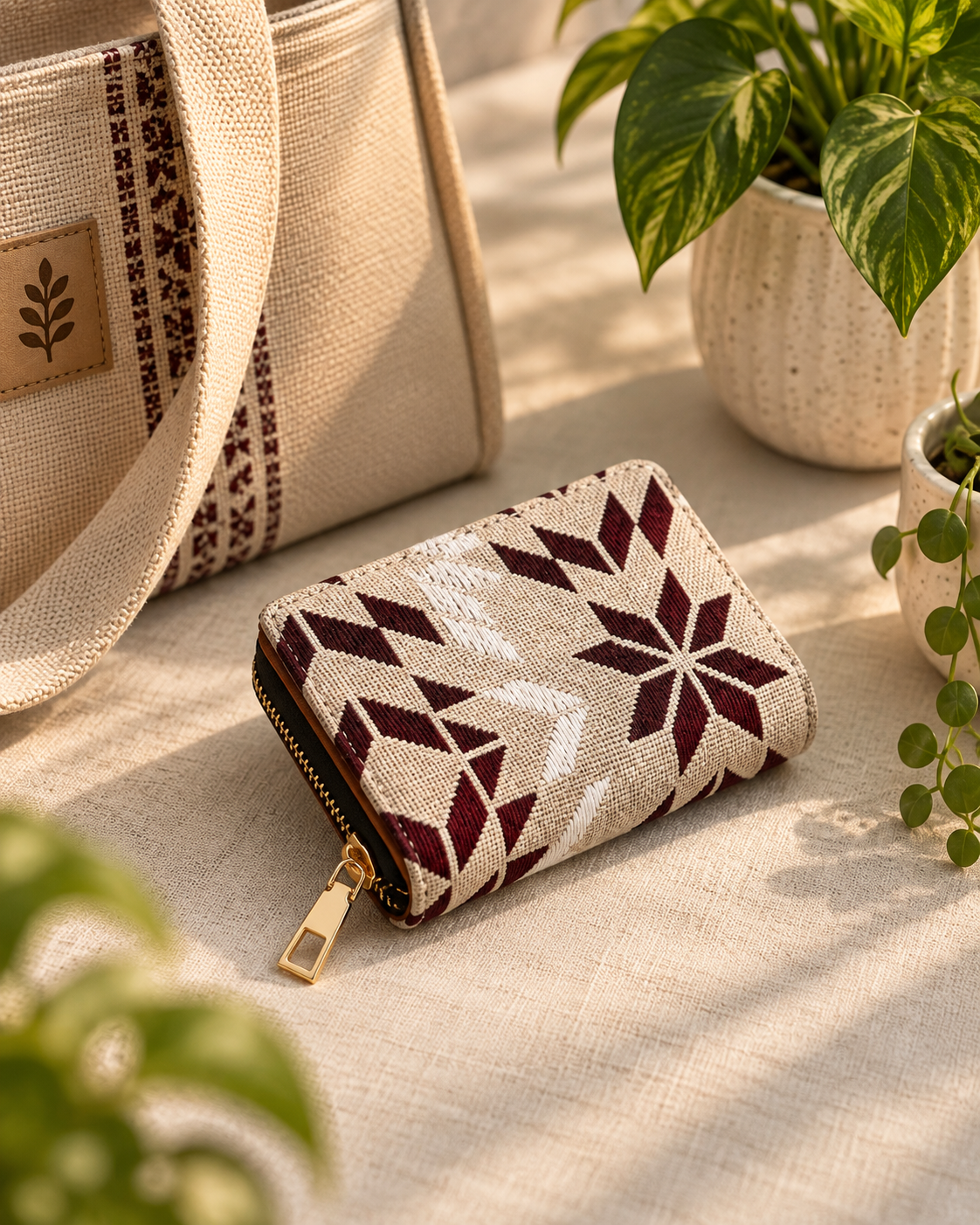 Maroon and Cream Woven Compact Everyday Wallet