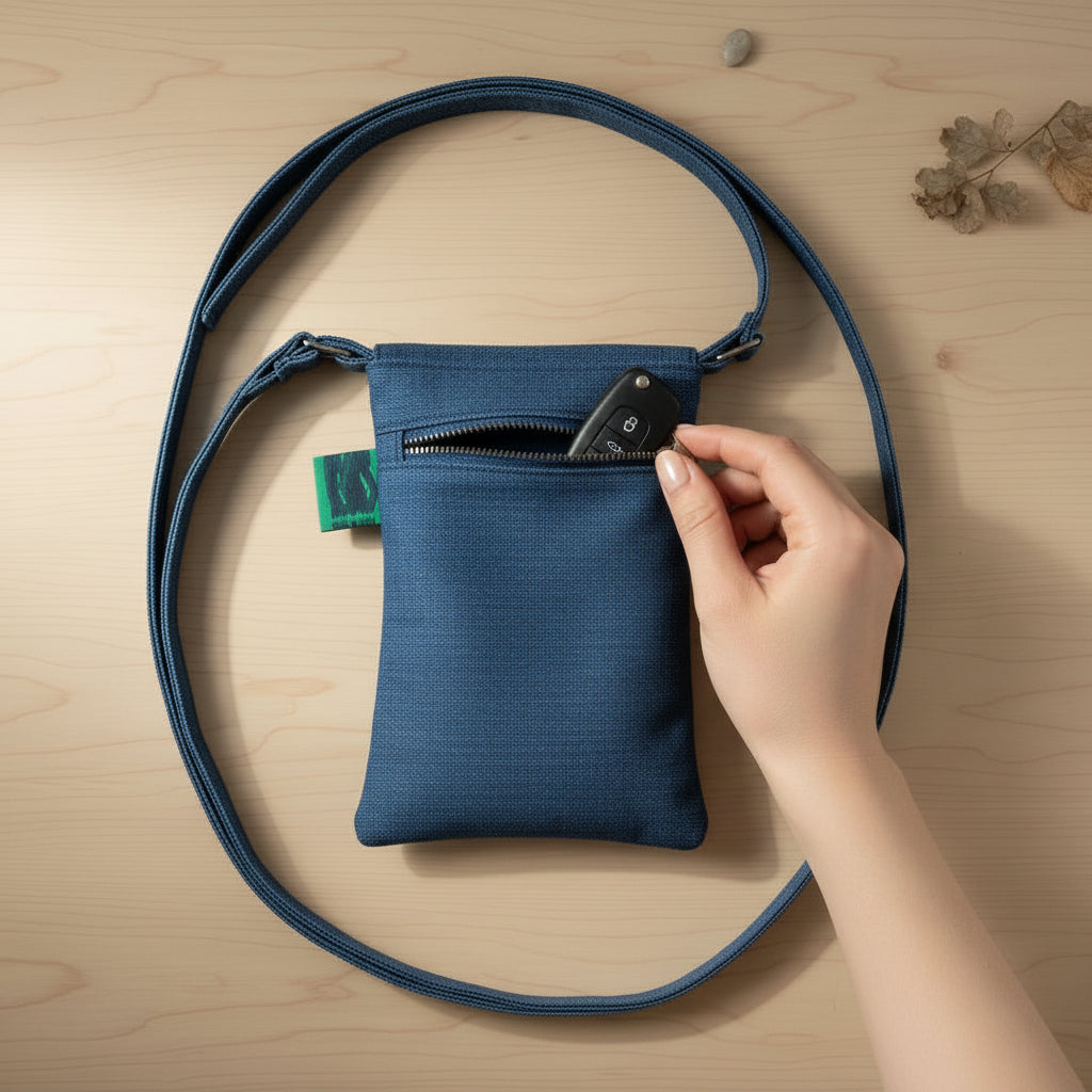 Blue canvas crossbody phone bog with a zippered pocket on the backside.Long flowy adjustable strap.