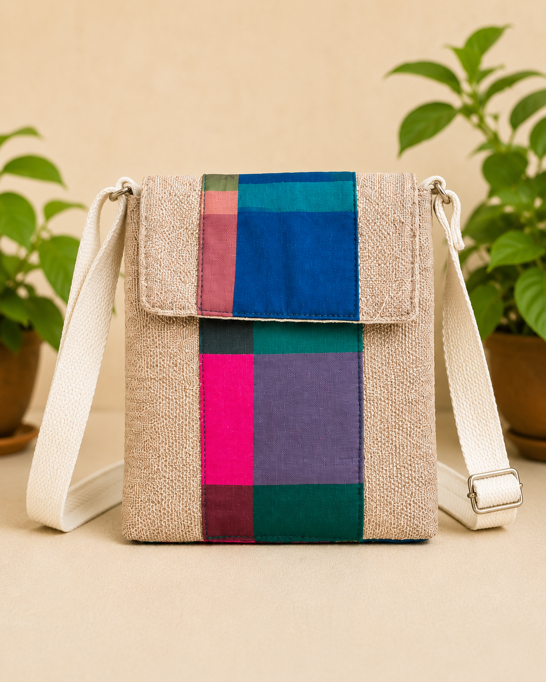 Handmade Madras Check Jute Sling Bag
