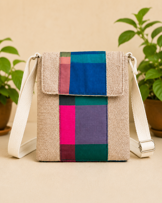 Handmade Madras Check Jute Sling Bag