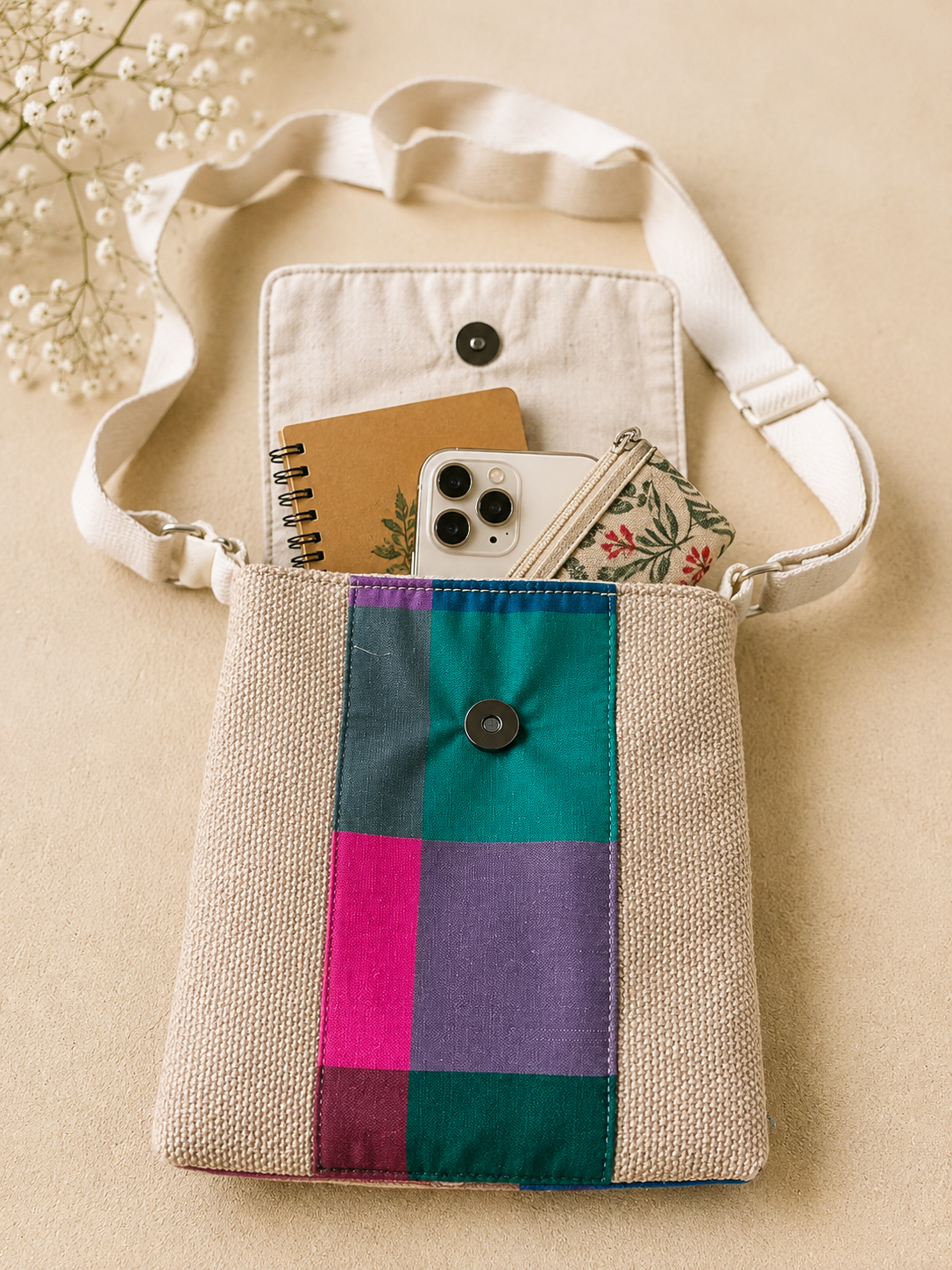 Handmade Madras Check Jute Sling Bag