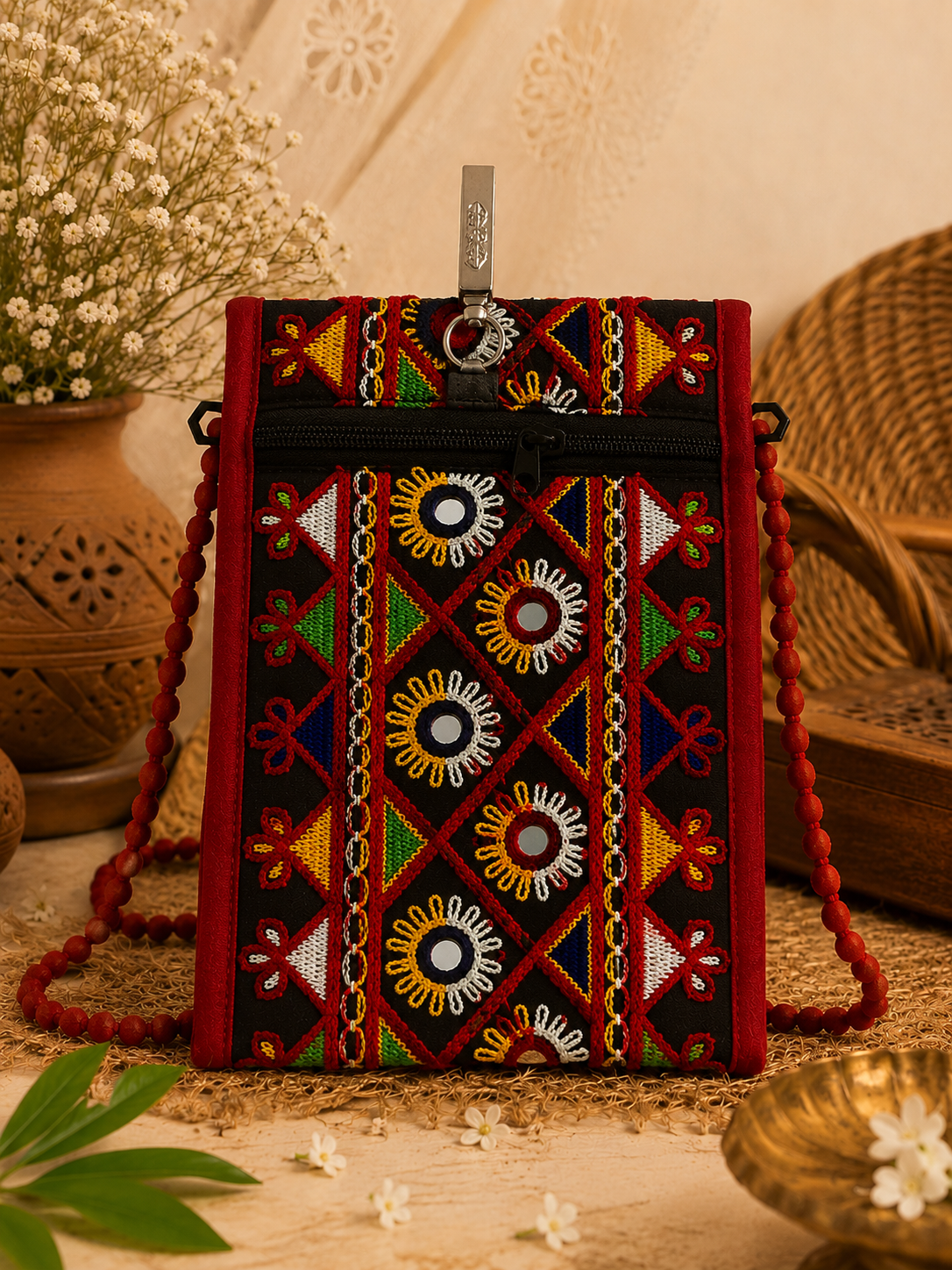 Red Bloom Mirror Work Sling & Saree Hook Purse