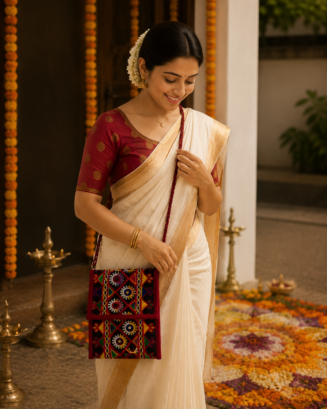 Red Bloom Mirror Work Sling & Saree Hook Purse