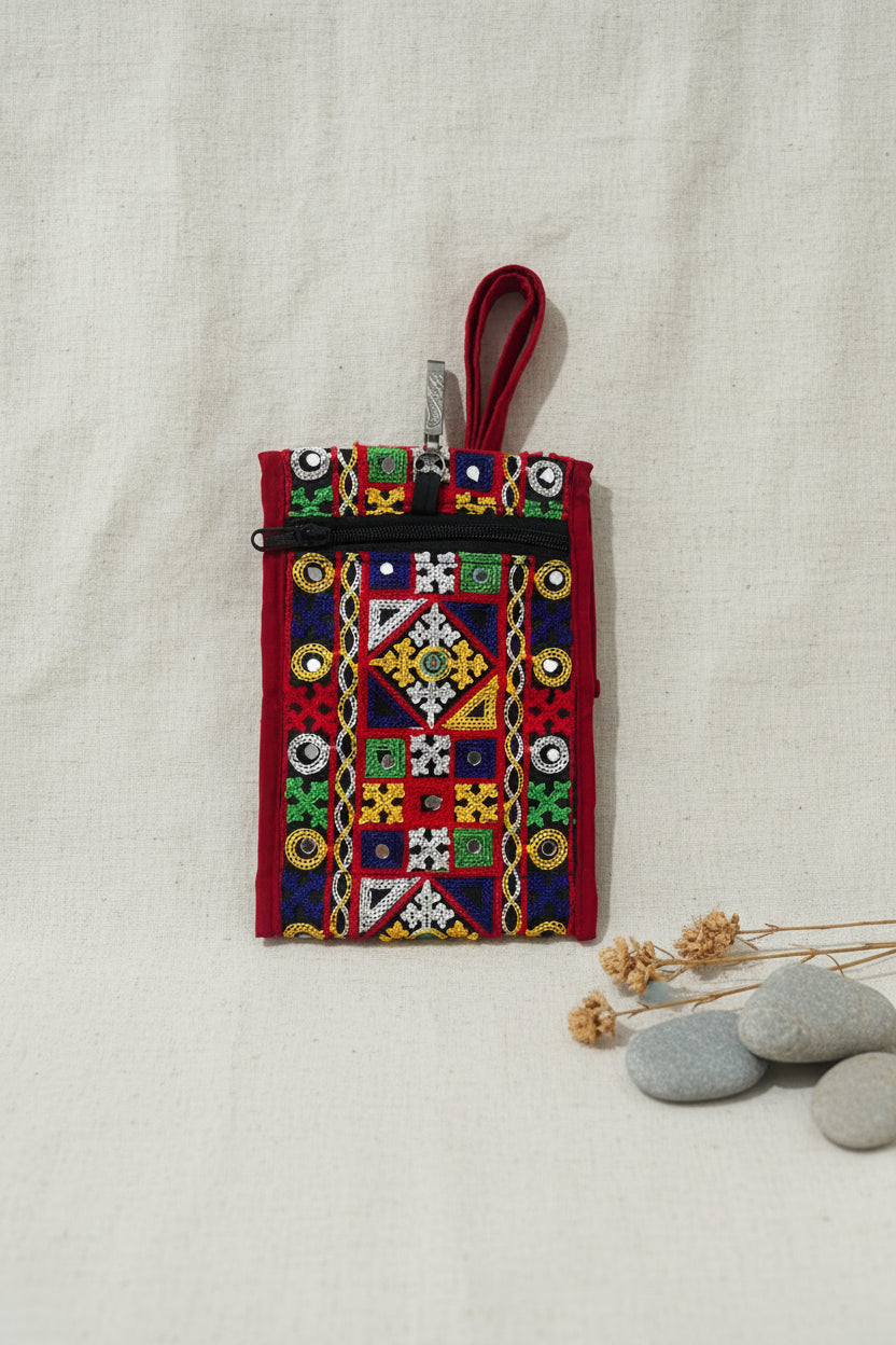 Red Mirror Work Sling & Saree Hook Purse