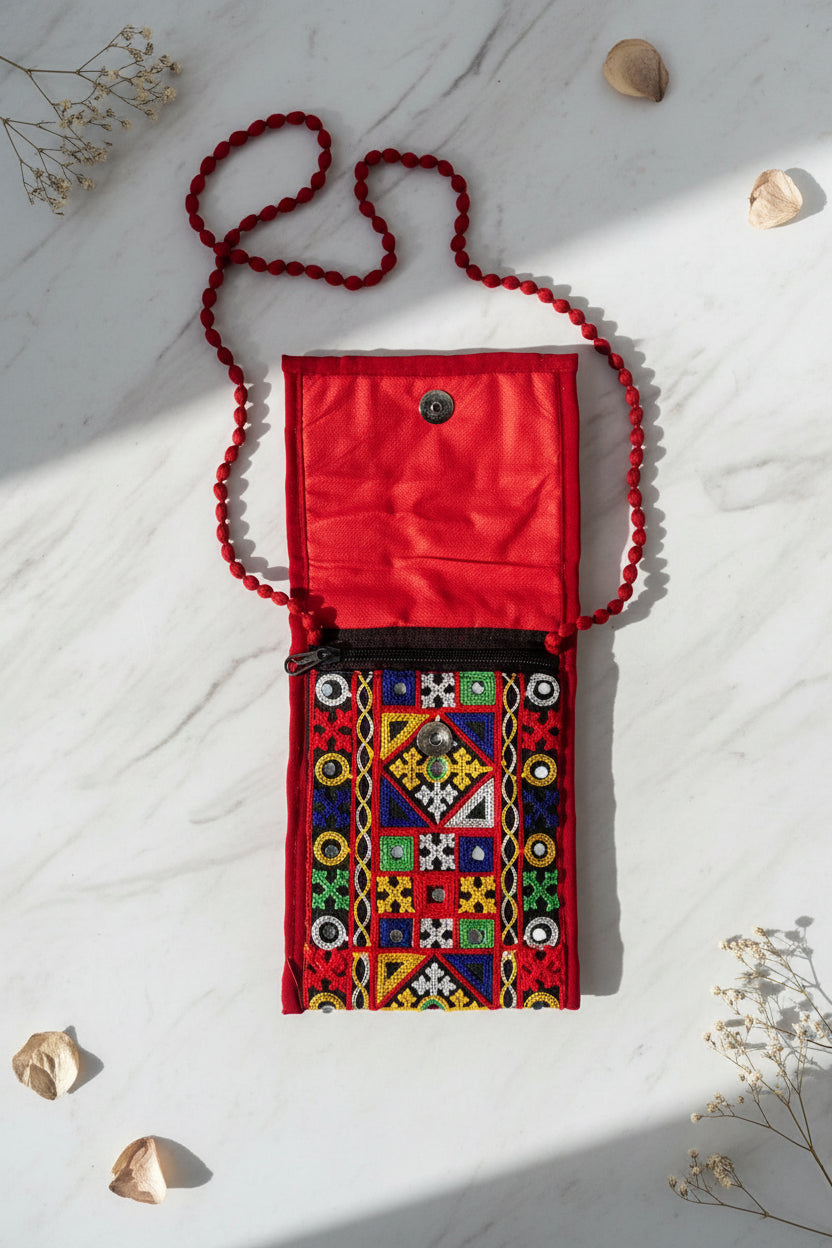 Red Mirror Work Sling & Saree Hook Purse