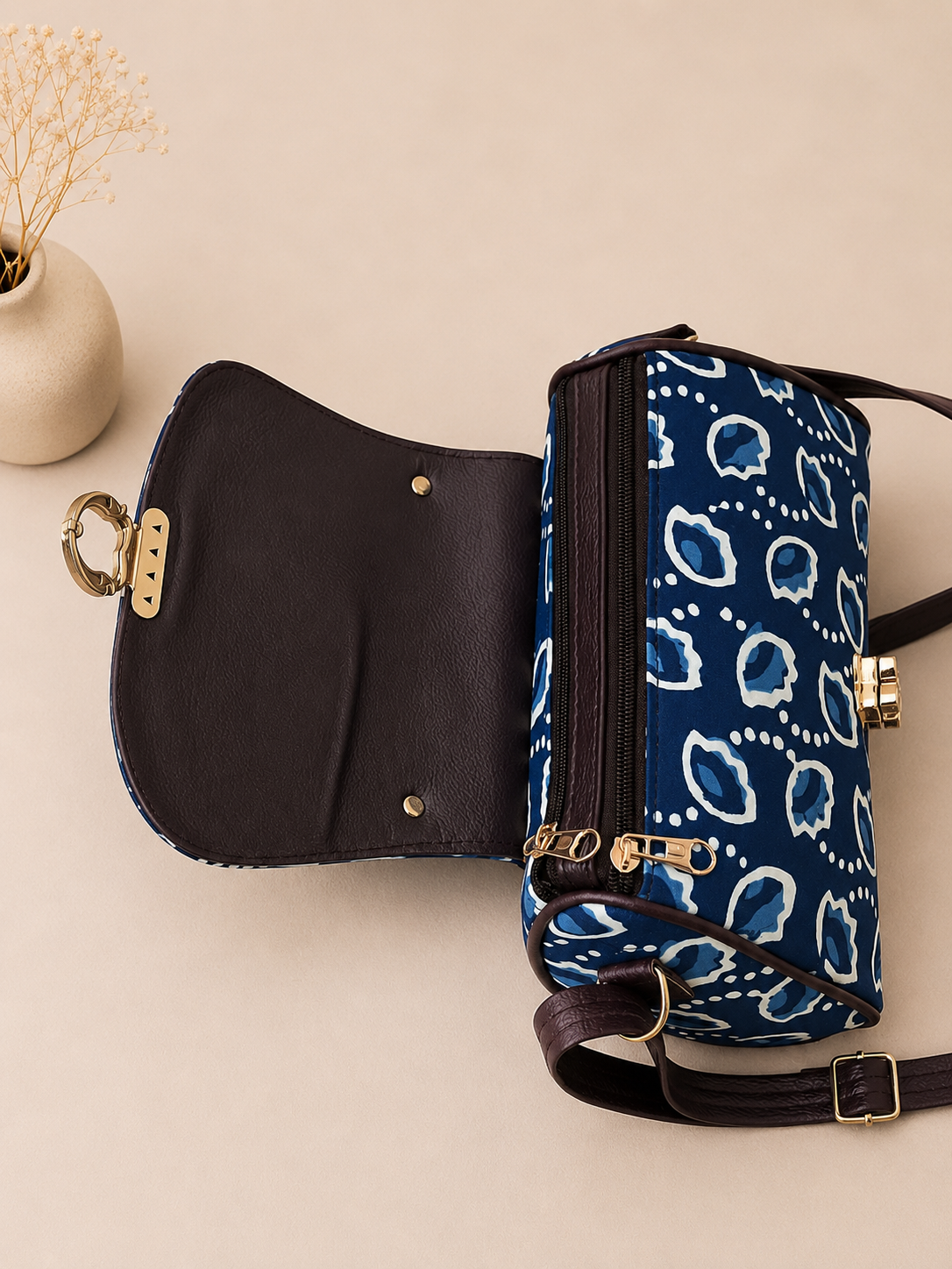 Sanganeri Print Multi-Zip Sling Bag (Blue)