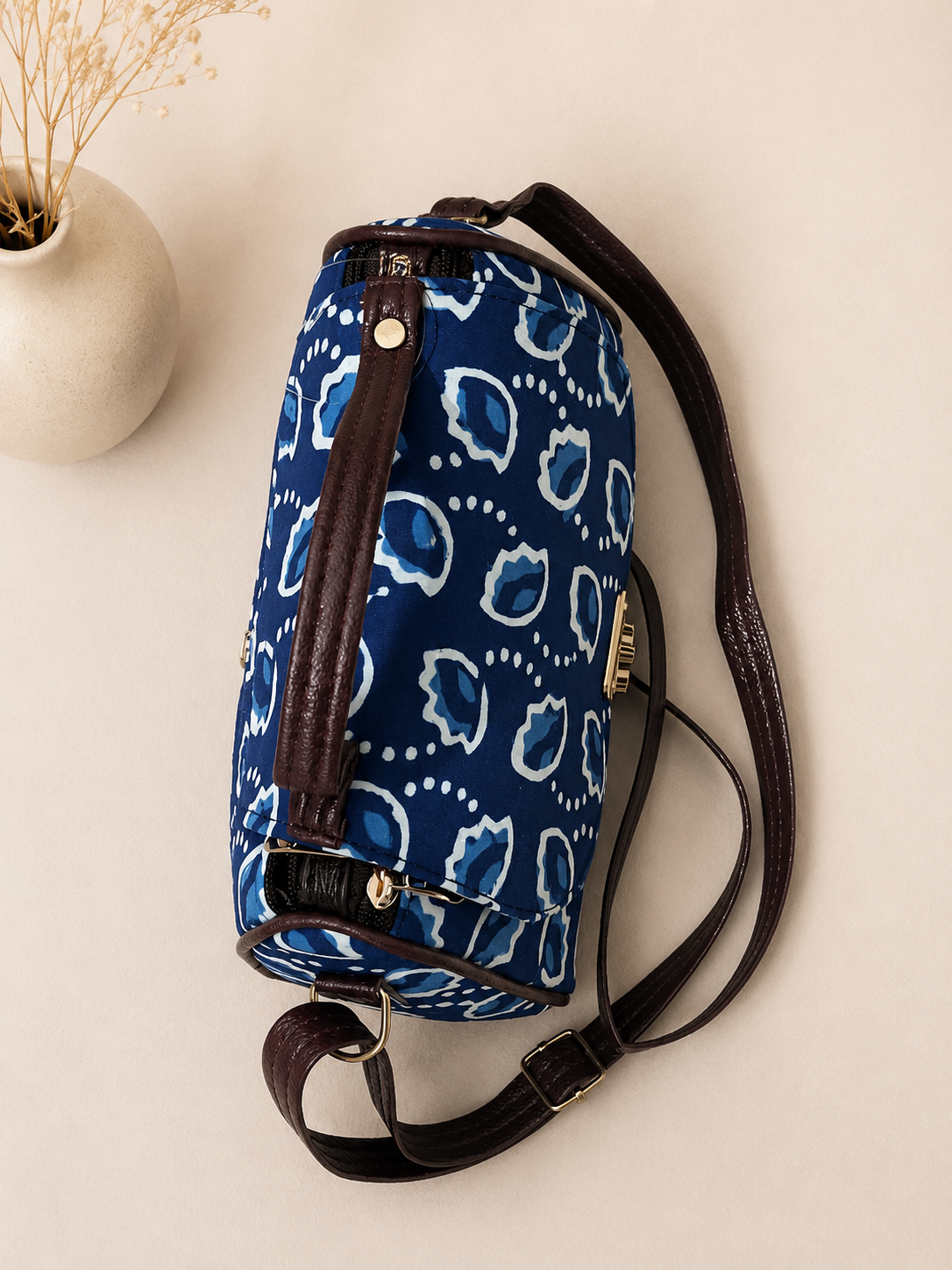 Sanganeri Print Multi-Zip Sling Bag (Blue)