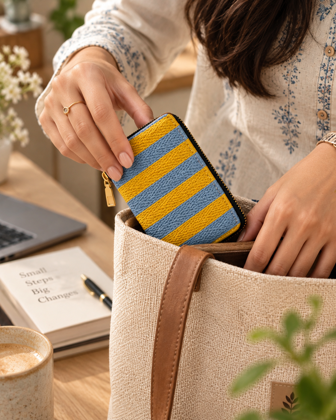 Yellow Striped Compact Everyday Wallet