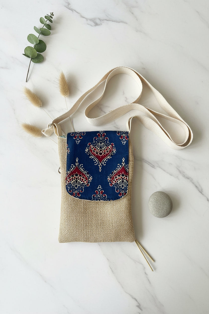 Beige n Blue Ajrak Flap Mobile Sling bag