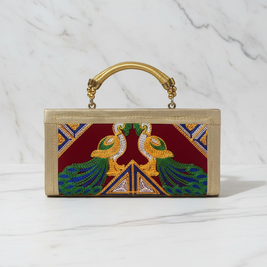 Red Duet Peacock Embroidered Festive Handheld Purse