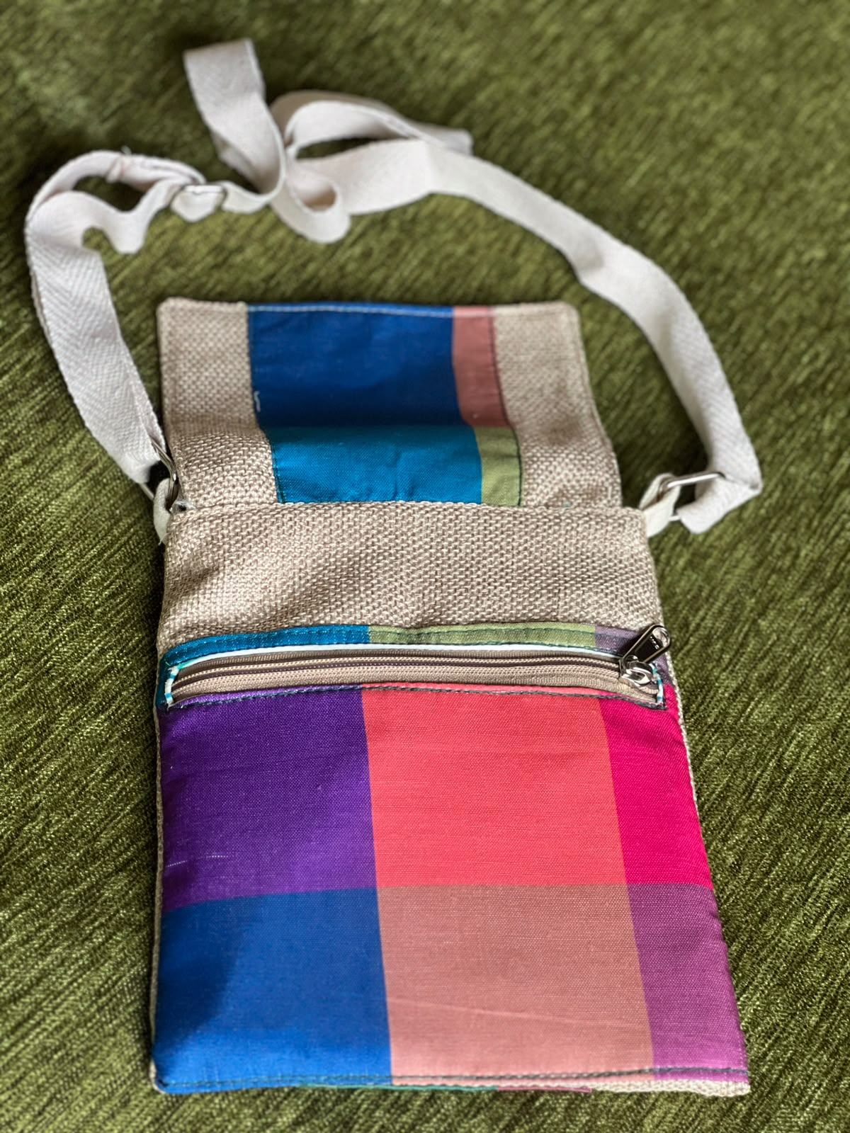 Handmade Madras Check Jute Sling Bag