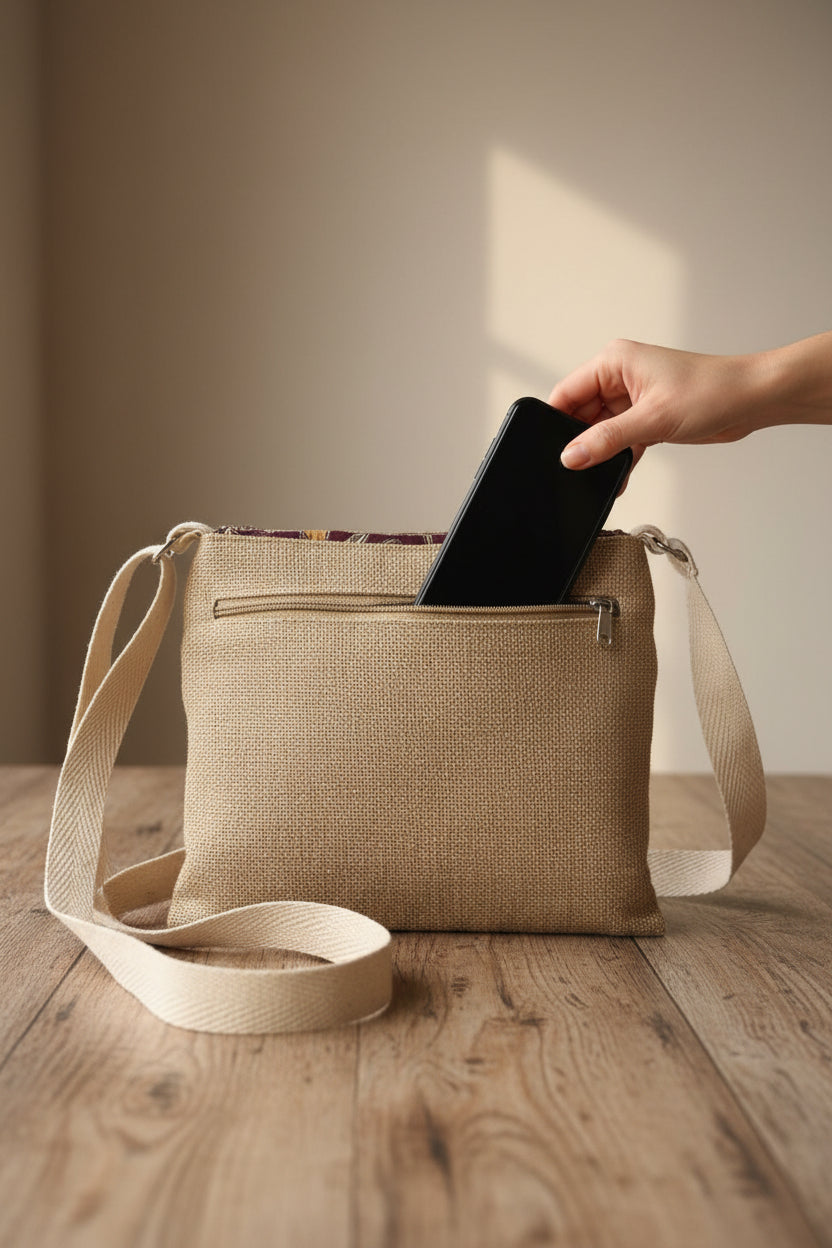 Handcrafted Jute Sling Bag with Printed Flap