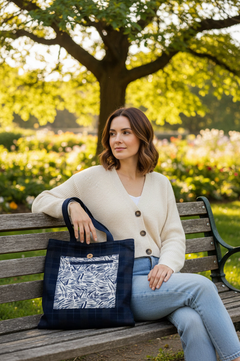 Navy corduroy tote bag with a patterned pocket on a beige surface.