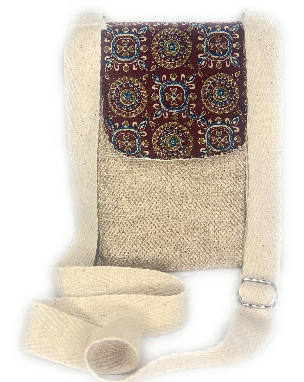 Beige n  Brown Ajrak Flap Mobile Sling bag