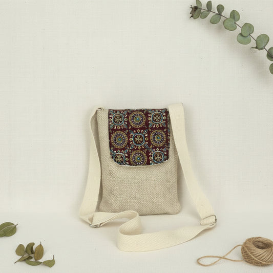 Beige n  Brown Ajrak Flap Mobile Sling bag