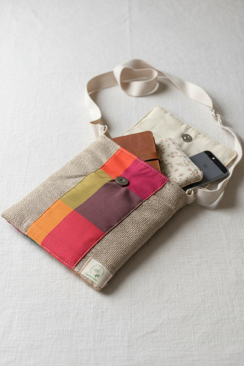 Handcrafted Jute Sling Bag with Madras Check Flap