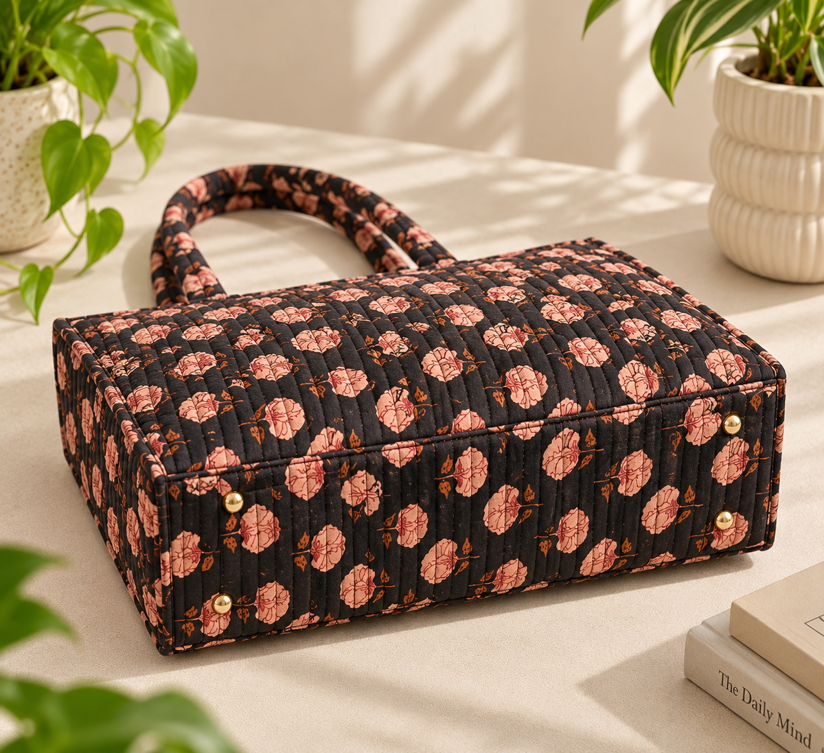 Black Floral Quilted Handbag