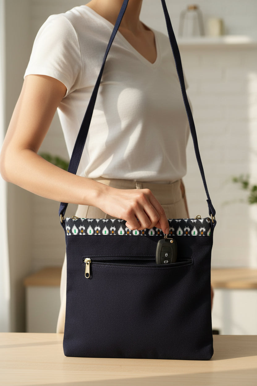  A black crossbody bag with Ikkat patterned flap,showing back view of the bag with z zippered pocket 