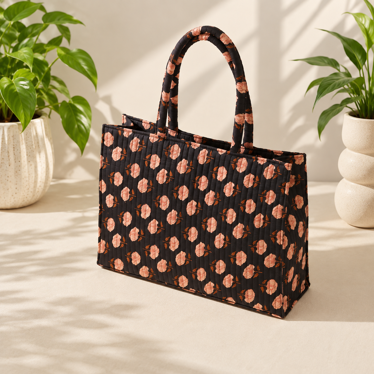 Black Floral Quilted Handbag