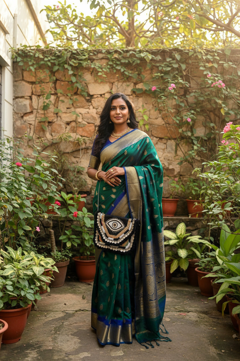 Black Evil Eye Boho Metal Sling Bag for Women | Handcrafted Coin Embellished Crossbody Clutch