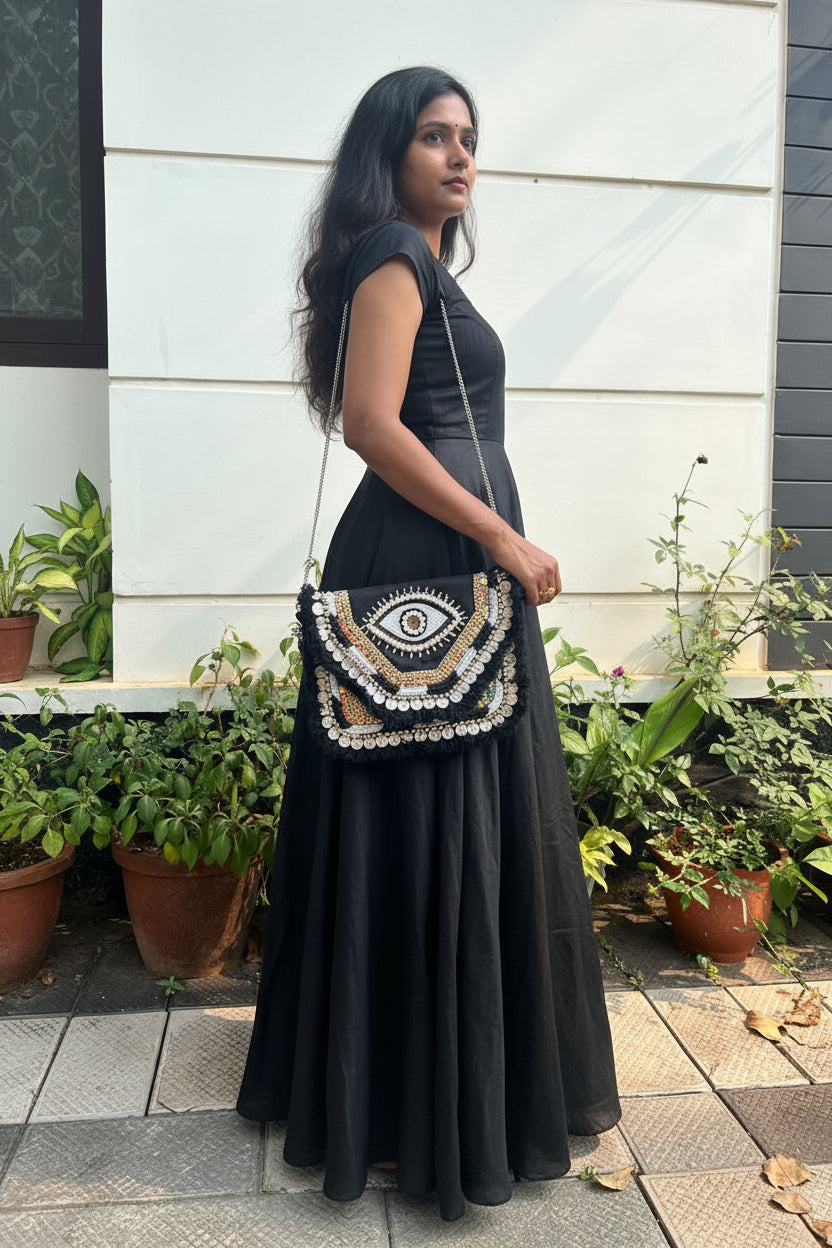 Black Evil Eye Boho Metal Sling Bag for Women | Handcrafted Coin Embellished Crossbody Clutch