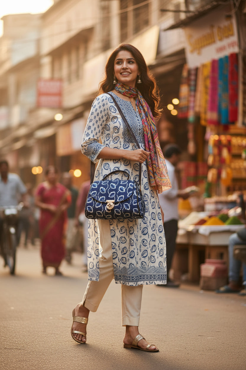 Sanganeri Print Multi-Zip Sling Bag (Blue)