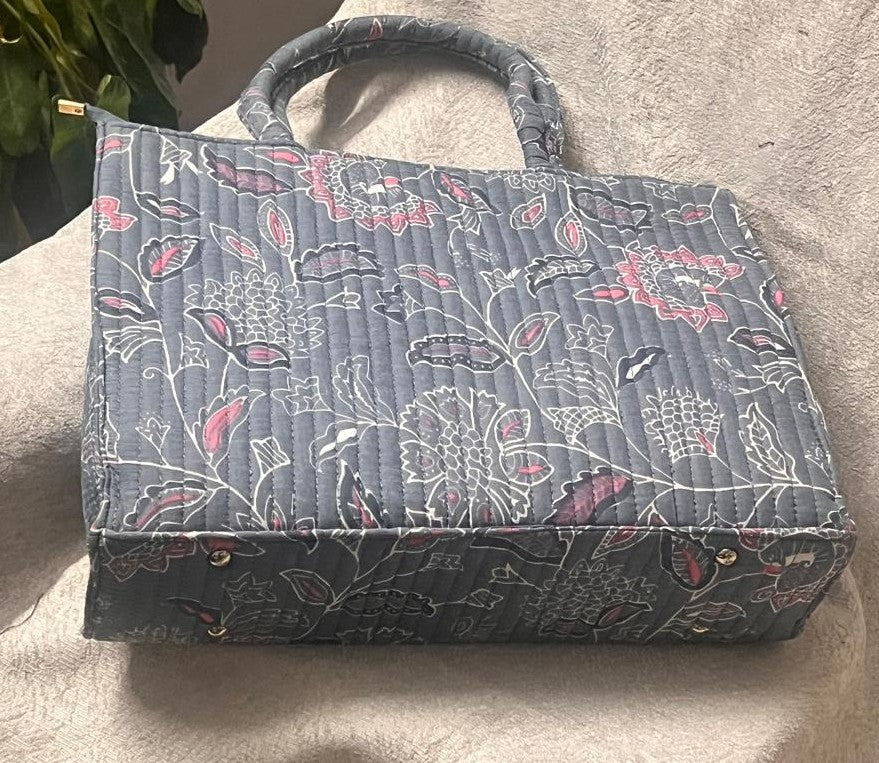 Grey Floral Quilted Laptop Tote Bag
