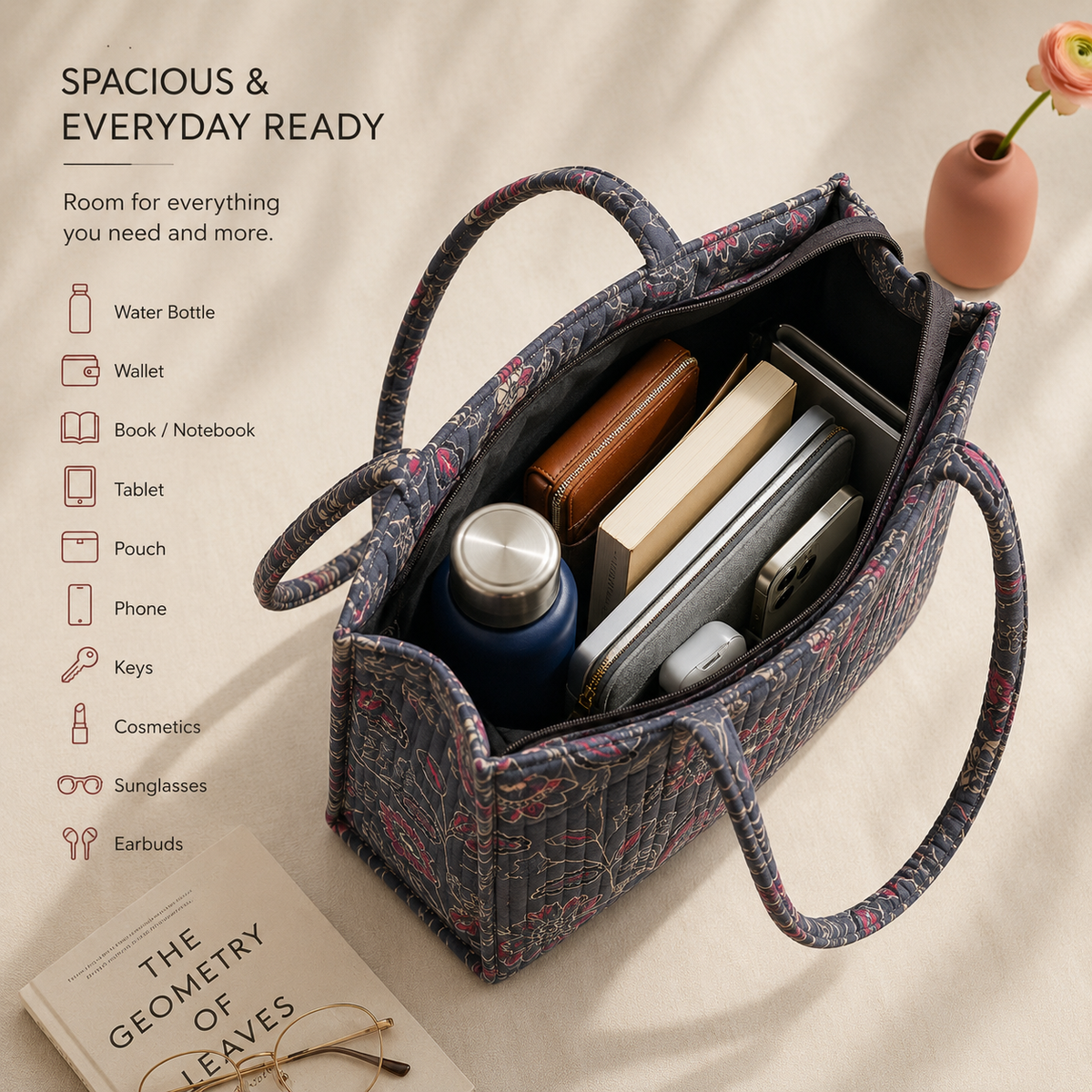 Grey Floral Quilted Laptop Tote Bag