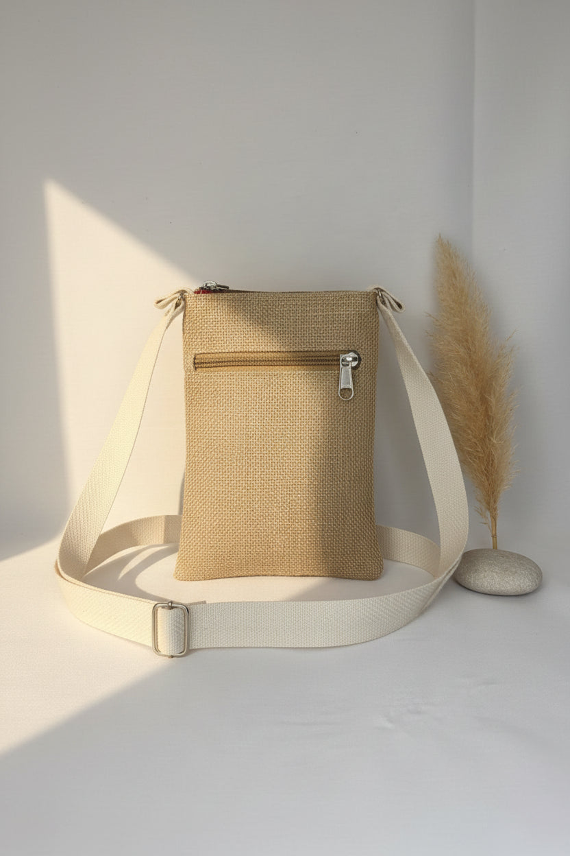 A woven natural fiber shoulder bag with a wide cream-colored woven strap, a  zippered pocket, and a small patterned fabric of front flap visible at the top, shown on a white fabric background.
