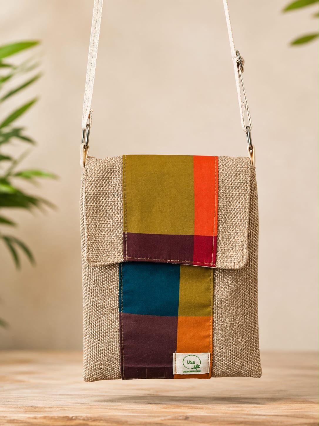 Handcrafted Jute Sling Bag with Madras Check Flap
