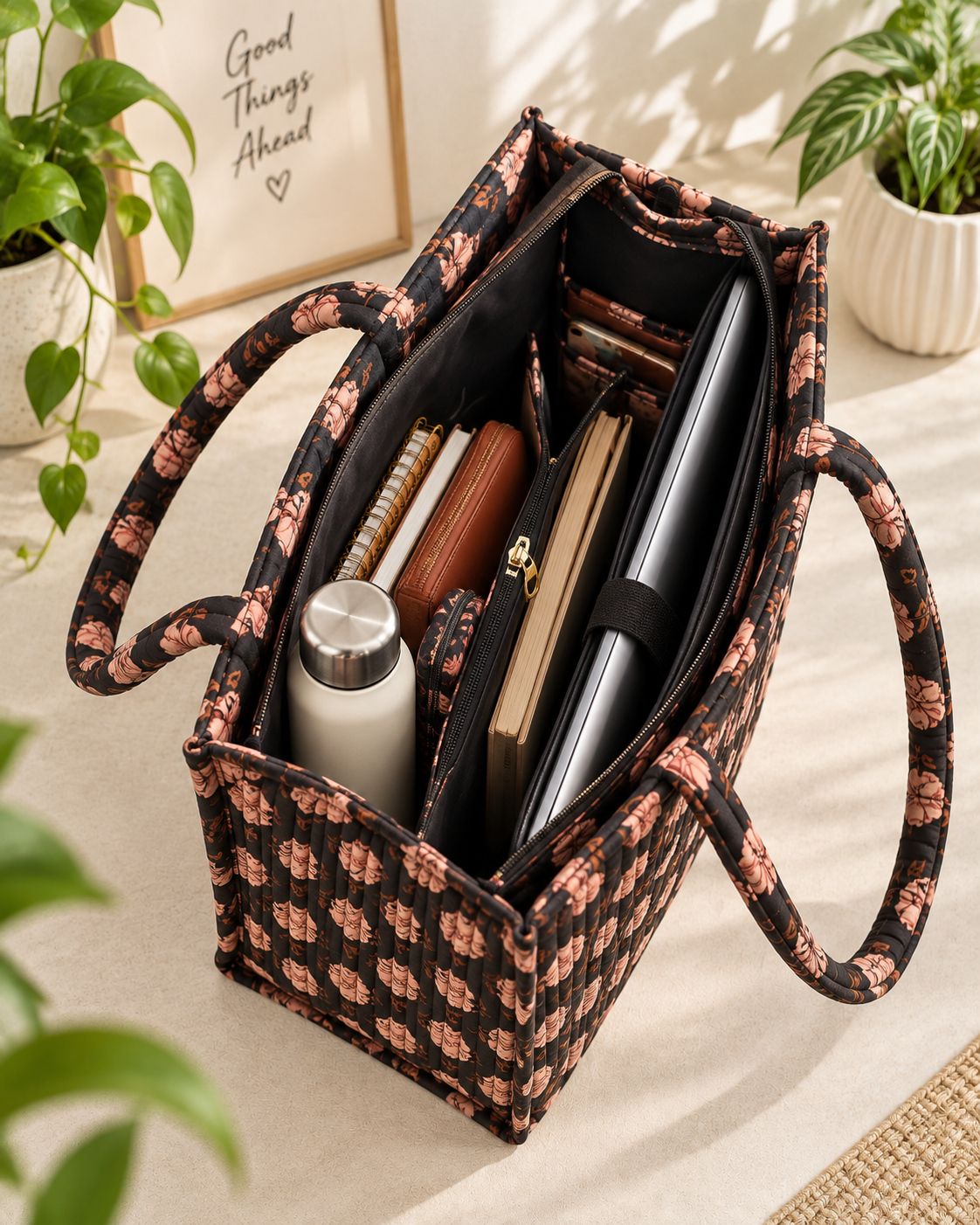 Black Floral Quilted Handbag