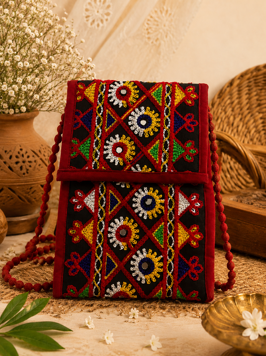 Red Bloom Mirror Work Sling & Saree Hook Purse