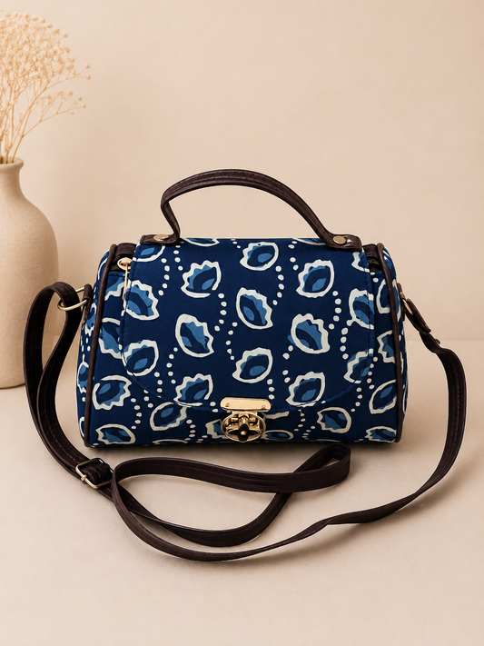 Sanganeri Print Multi-Zip Sling Bag (Blue)