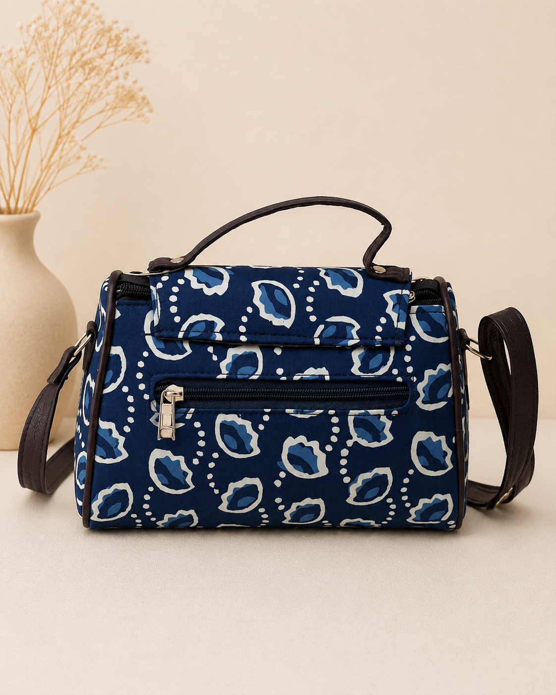 Sanganeri Print Multi-Zip Sling Bag (Blue)